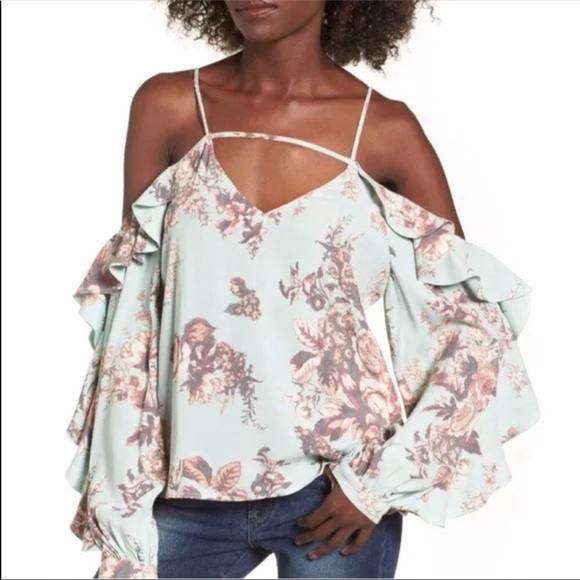 New Leith Floral Cold Shoulder Ruffle Sleeve Top L - Picture 1 of 7